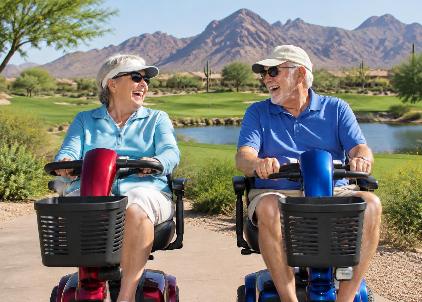 Couple laughing together on their scooters by a desert golf course