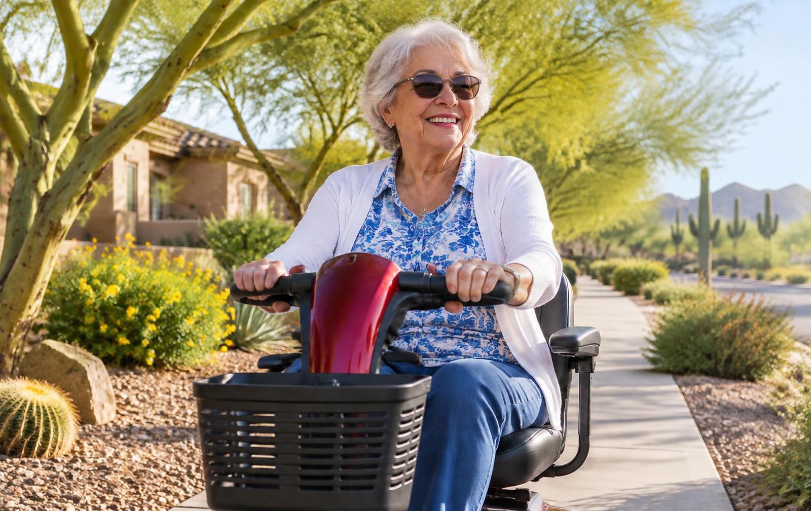 Smiling woman riding her mobility scooter down a sunny Arizona sidewalk
