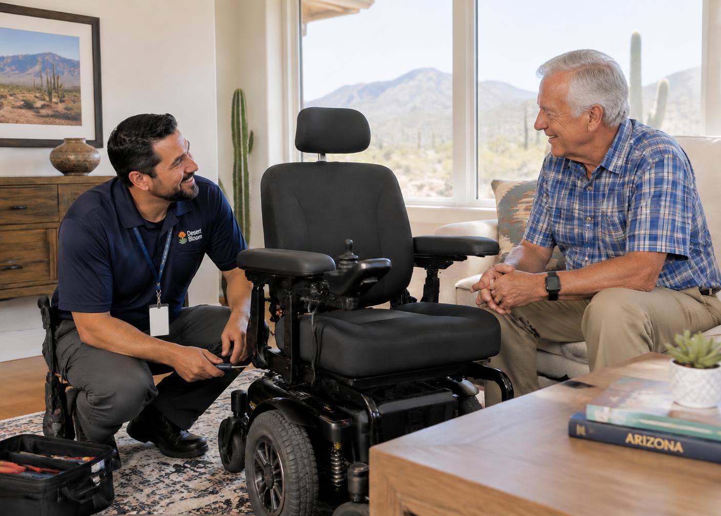 Our technician talking with a customer in his living room